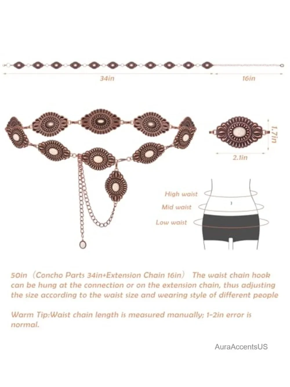 Women's Turquoise Concho Belt - Western Boho Metal Chain Belt